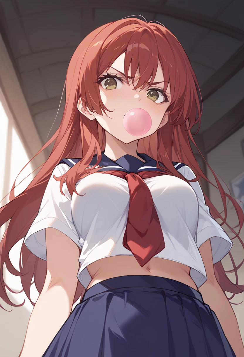 masterpiece、 high definition 、image quality、8k (Disgust、)shut up、Highest、 high definition 、Highest品質、8k Sakurauchi Riko 、（ Brown Eyes ：1.5）、 hair in front of me、Long Hair、（ redhead：1.5）( white sailor suit、 red tie、 blue skirt) (whole body)、、Dissatisfied High Definition Face 、 double piece 　Swollen gum 　 seen from a little below、