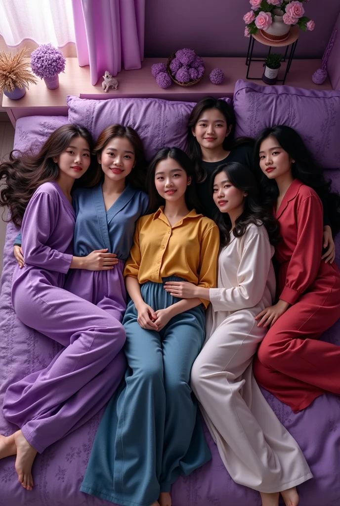 Three Indonesian teenage girls wearing shiny and slippery satin pajamas are sleeping together as if tickling each other in a wet sweaty conditon at a very hot warm bedroom