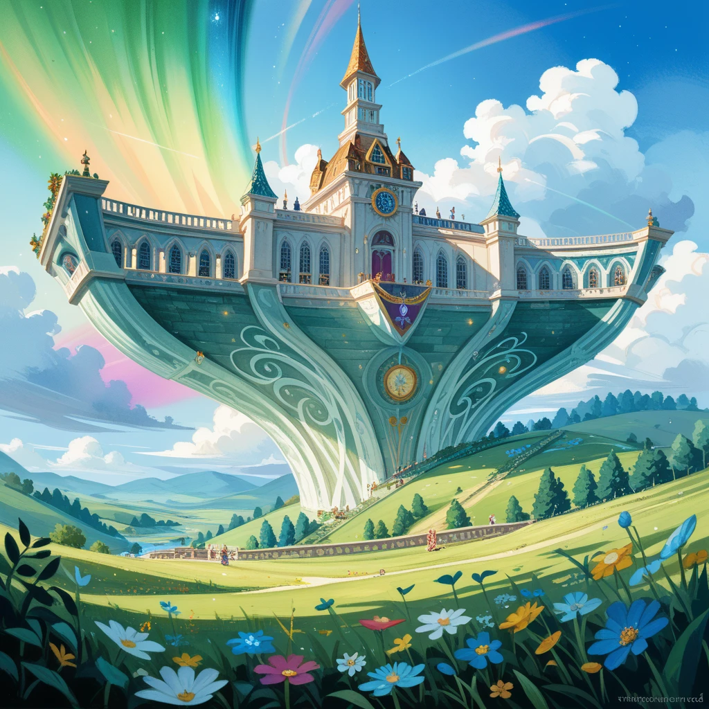 A watercolor painting of an elven bard performing a ballad to mystical creatures on an otherworldly grassland, Underneath an aurora-filled sky the elven bard strums a harp as a unicorn begins to drift into slumber and tiny fairies dance to the melody, The scene is viewed from an overhead perspective emphasizing the beauty and enchantment of the setting, The colors are vibrant with the greens of the grassland contrasting with the ethereal lights of the aurora, creating a magical and serene atmosphere, The trajectory of the fairy's flying past envelops the troubadour in a fantastic way, UHD, anatomically correct, masterpiece, textured skin, super detail, award winning, 16k