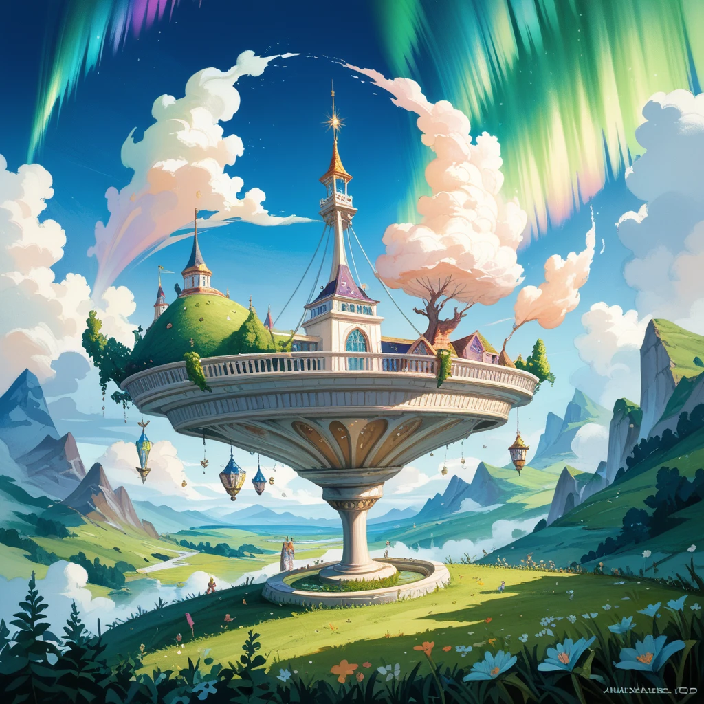 A watercolor painting of an elven bard performing a ballad to mystical creatures on an otherworldly grassland, Underneath an aurora-filled sky the elven bard strums a harp as a unicorn begins to drift into slumber and tiny fairies dance to the melody, The scene is viewed from an overhead perspective emphasizing the beauty and enchantment of the setting, The colors are vibrant with the greens of the grassland contrasting with the ethereal lights of the aurora, creating a magical and serene atmosphere, The trajectory of the fairy's flying past envelops the troubadour in a fantastic way, UHD, anatomically correct, masterpiece, textured skin, super detail, award winning, 16k