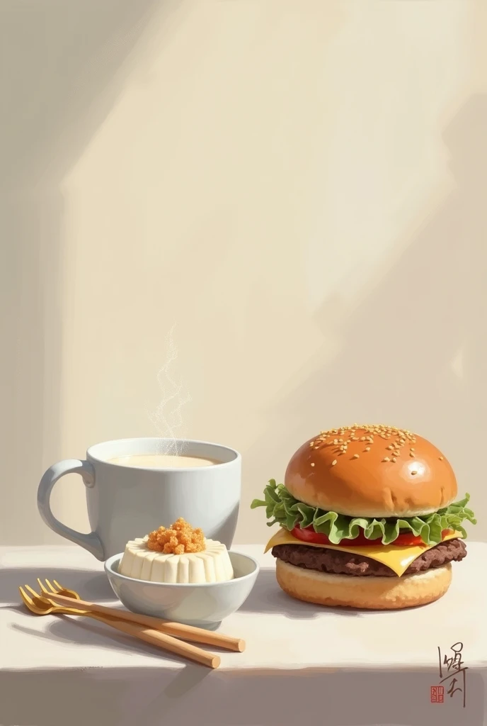 painting about soy milk in cup,Douhua in bowl,zingger burger