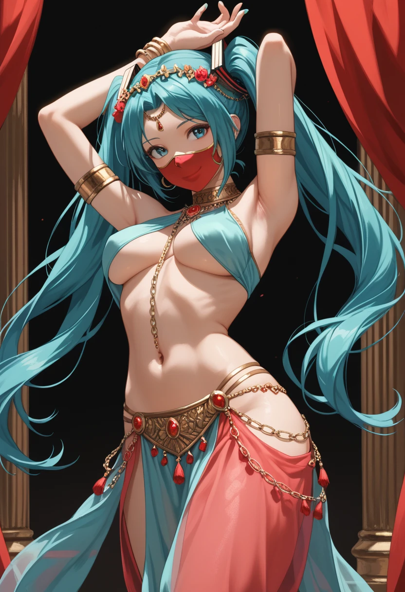 ***ung girl, ****,hatsune miku, alternate costume, harem outfit, ((breast skirt,underboob)), pelvic curtain, red mask, head chain, navel, belly dancing, amazing quality, aesthetic, cowboy shot, medium breasts, belly chain, rating:general, harem pants, see-through, arms up, twisted torso, false smile, stomach, looking away,