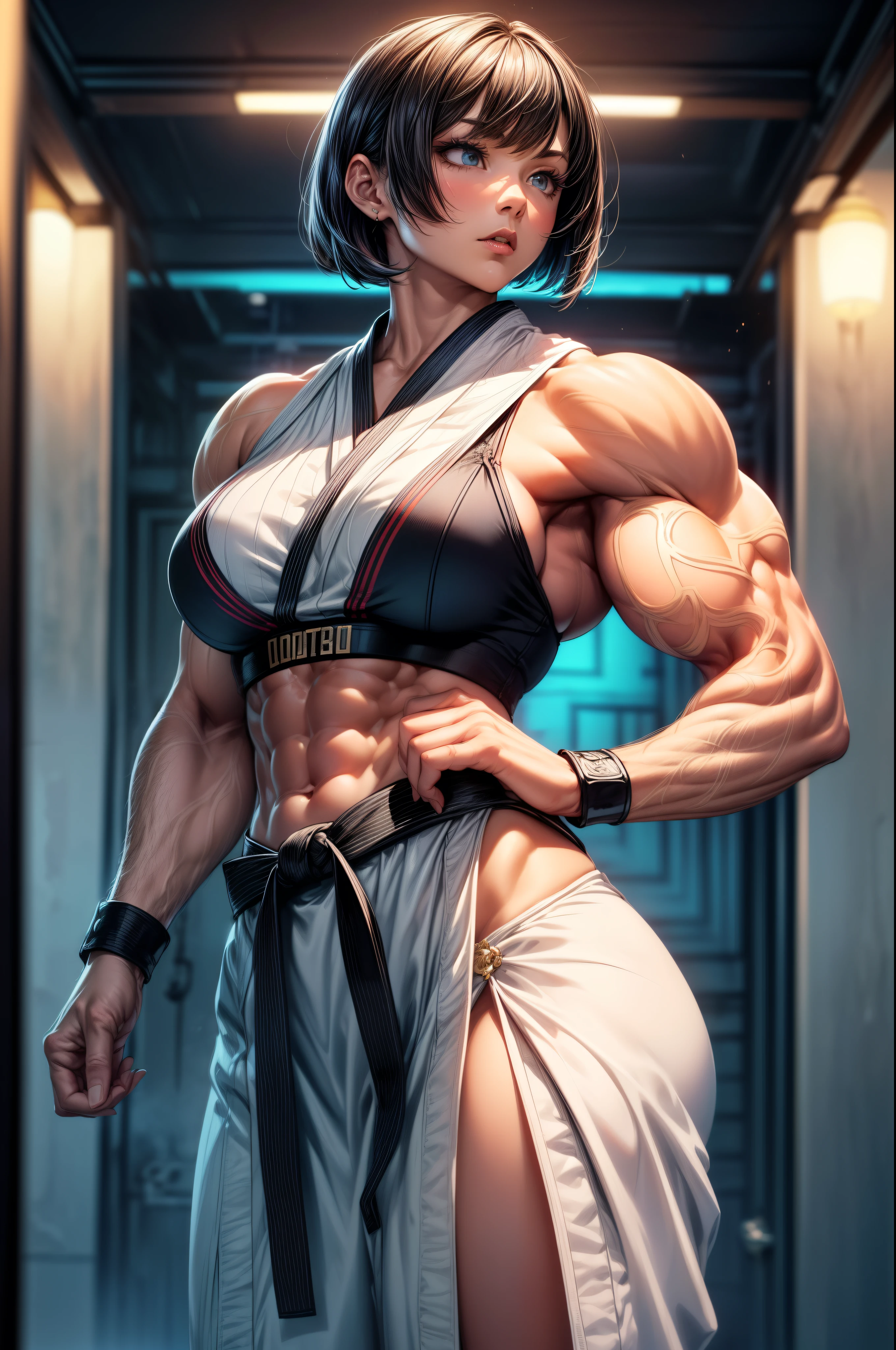 ((dojo:1, female, girl, taekwondo, street fighter:1, karate dress:1, dojo background, karate, ,martial arts)),high contrast, (8K UHD:1.2), (photorealistic:1.2),(masterpiece:1.4), (best quality:1.4),extremely detailed wallpaper, highly detailed illustrations, ((1 Girl)) , (super-complex details) official art, unity 8k wallpaper, ultra detailed, beautiful and aesthetic, masterpiece, best quality, (zentangle, mandala, fantasy, elf), (fractal art:1.3) , masterpiece, , intricate detail,),((bulking)),(body muscular:1.4),bob hair,busty,sexy,curvy,crazy abs, upper , bob hair