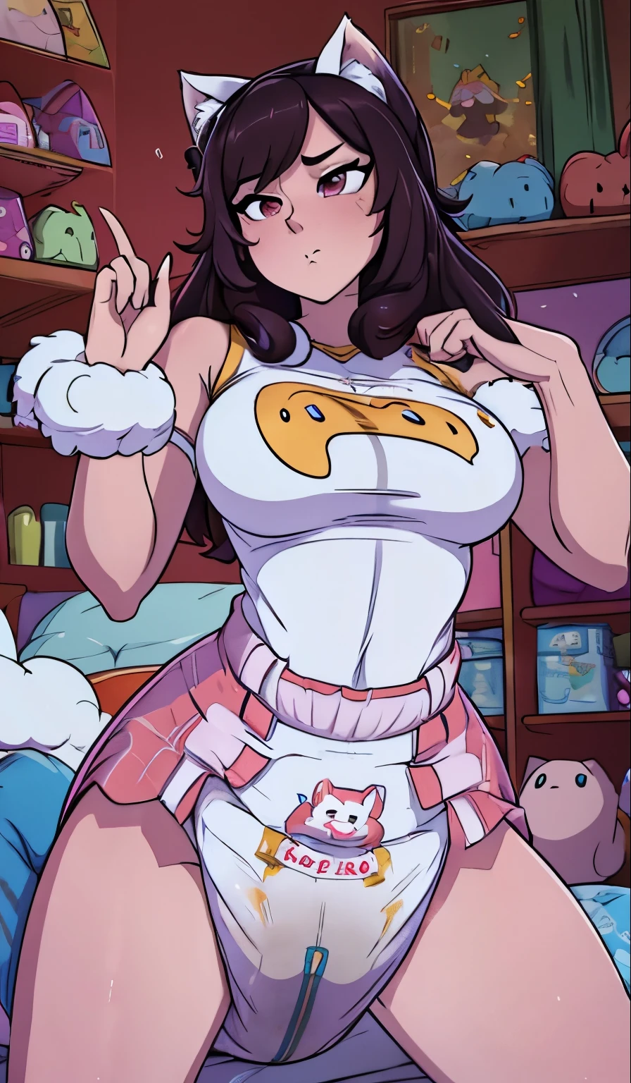 Ahri from league of legends wearing a big bulbous massive puffy diaper, messy diaper, poop stained diaper, pee soaked diaper, egirl, holding a stuffed animal, cute, sexy, busty, big, very soiled diaper