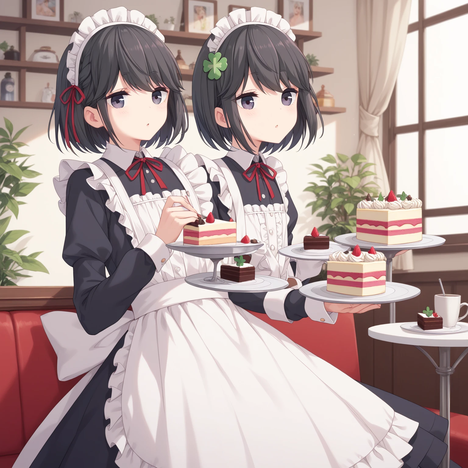  (8k), (  very detailed), (   best illustration   ), Cafe。   maid outfit 。. flat chested。 short hair on the side of the uniform。  big red ribbon barrette。Four leaf clover in hair 。adult。 black hair。Shima Rin,Bring me a cake 。Four leaf clover in hair。 short hair on the side of the uniform。1 person。