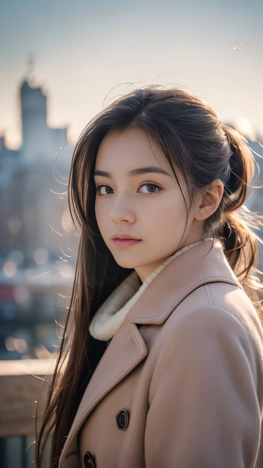 blush,24 years old,winter,European Cityscape,Long hair ponytail,winter clothes,Brown collar coat,Long skirt,Close-up of face,((8K, RAW photos, best quality, Piece Fly:1.2), (Reality, Reality:1.4), (Highly detailed 8K wallpaper), Depth of writing boundaries, light, Soft Light, Detailed eye beautification,#1: Shiny and Sleek Light Brown Ponytail, Asymmetrical bangs, Glowing skin, Super delicate skin ,high resolution, High Detail, Detailed hairstyle, Detailed Beauty Face, 超Reality, Perfect limbs, Perfect anatomical structure ,1 Japanese girl,Famous Japanese idols, Perfect female body,Shy laugh,Short eyelashes,Double eyelids,Look here directly,Hairstyle is ponytail,