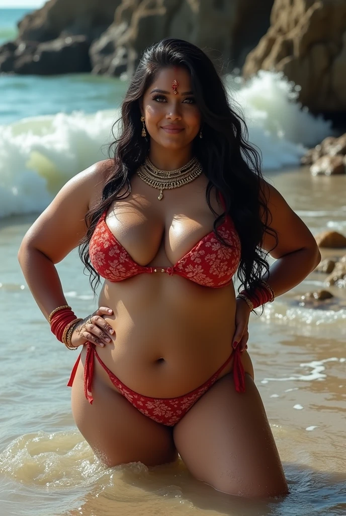 arafed woman in a bikini sitting on a box with a pole, a stock photo by Eve Ryder, tumblr, arabesque, giant stunning goddess shot, voluptuous and arousing, oiled skin, full scene shot, thick body, exaggeratedly large physique, lit from the side, oiled, powerful and huge, beautiful thick female, indian goddess