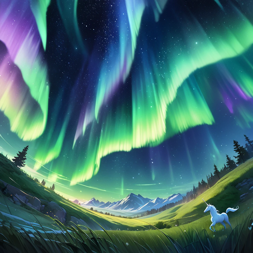 A watercolor painting of an elven bard performing a ballad to mystical creatures on an otherworldly grassland, Underneath an aurora-filled sky the elven bard strums a harp as a unicorn begins to drift into slumber and tiny fairies dance to the melody, The scene is viewed from an overhead perspective emphasizing the beauty and enchantment of the setting, The colors are vibrant with the greens of the grassland contrasting with the ethereal lights of the aurora, creating a magical and serene atmosphere, The trajectory of the fairy's flying past envelops the troubadour in a fantastic way, UHD, anatomically correct, masterpiece, textured skin, super detail, award winning, 16k