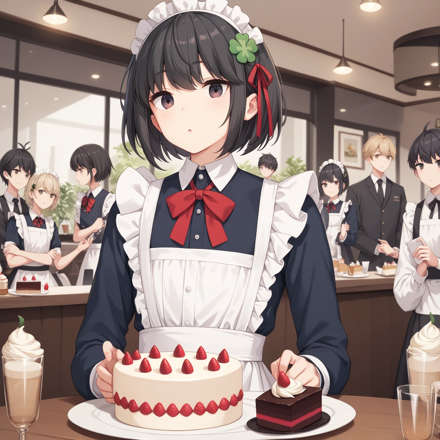  (8k), (  very detailed), (   best illustration   ), Cafe。   maid outfit 。. flat chested。 short hair on the side of the uniform。  big red ribbon barrette。Four leaf clover in hair 。adult。 black hair。Shima Rin,Bring me a cake 。Four leaf clover in hair。 short hair on the side of the uniform。1 person。One Face