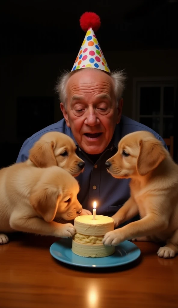 An emotional scene with an elderly man sitting at a wooden table in a dimly lit room, wearing a colorful party hat with polka dots and a red pom-pom on top. He is surrounded by three playful Golden Retriever puppies, joyfully interacting with him as they present a small two-layer cake on a blue plate with a single lit candle on top. The puppies are wagging their tails and playfully reaching out with their paws, creating a tender and heartwarming atmosphere. The grandfather is visibly moved, tears in his eyes, expressing deep emotion and gratitude. The lighting is soft and warm, coming primarily from the candle, highlighting their faces and fur while creating an intimate and heartfelt connection. The background remains dark, emphasizing the emotional focus of the scene.