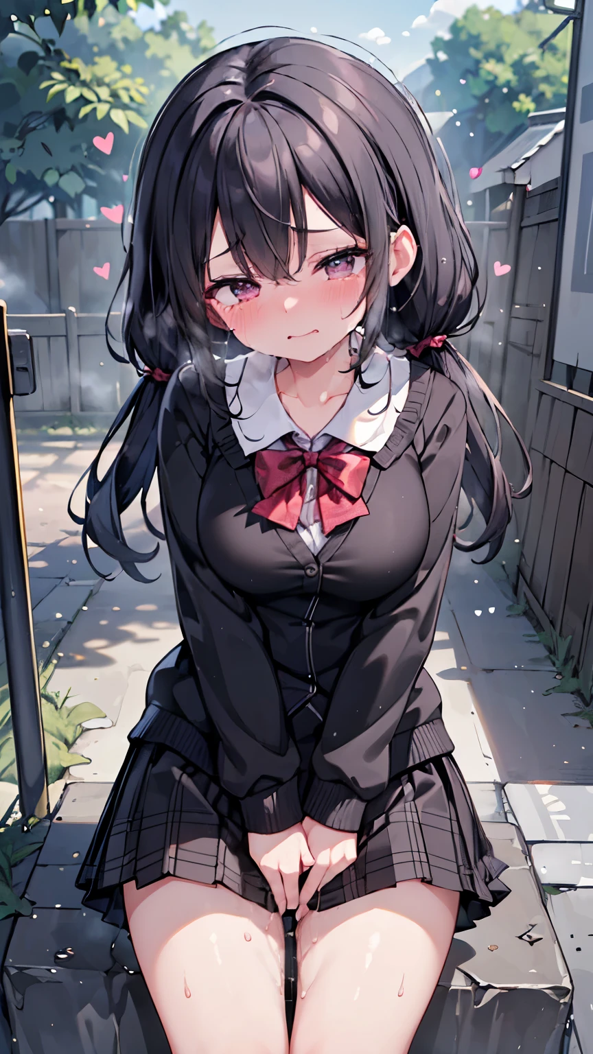 (masterpiece,beautiful,hughres,CG,8k,16k,best quality,high-resolution,detailed fingers,detailed hands,detailed legs,detailed eyes:1.7),(cowboy shot,crotch focus:1.6),1girl,(school uniforms,black cardigan,white shirt,plaid skirt,black skirt,black hair,twintails,large breasts:1.6),(red bowtie:1.2),(outdoors,sidewalk:1.5),(have to pee:1.3),(urge to pee:1.4),(very desperate to pee:1.6),(standing:1.4),(knees together and feet apart:1.3),(rub each other's knees:1.6),(hand between legs,holding the crotch:1.6),(erotic waist twist:1.6),(trembling,female orgasm,pussy juice:1.7),(embarrassed,gasping,heavy breathing,blush:1.6),(impatience:1.3),(flustered:1.2),(fidgeting around:1.5),(steam:1.5),(sweat skin:1.6),(tearing up,streaming tears:1.4),(drooling:1.3),(looking down at viewer:1.4),(biting own lip:1.3),(spoken heart:1.3)、 expose my chest、 Bare Breasts、Nipples、 black knee high 、 absolute domain、 Black Loafers 、 full body portrait 