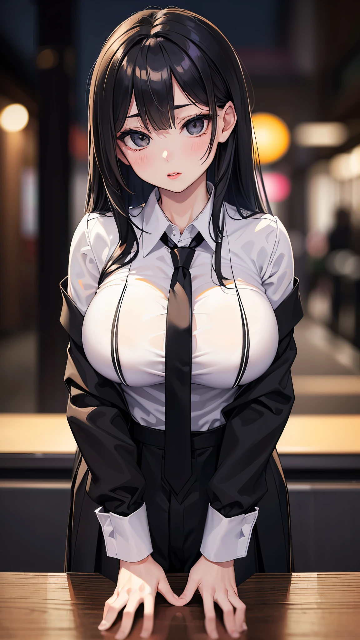 solo, 1girl, expressionless, crossed arms, long black hair, ponytail, sidelocks, gray eyes, glowing eyes, bright pupils, black suit, big chest, big breasts, white collared shirt, necktie, black pants, office space, office interior, light shaft, light rays, cowboy shot