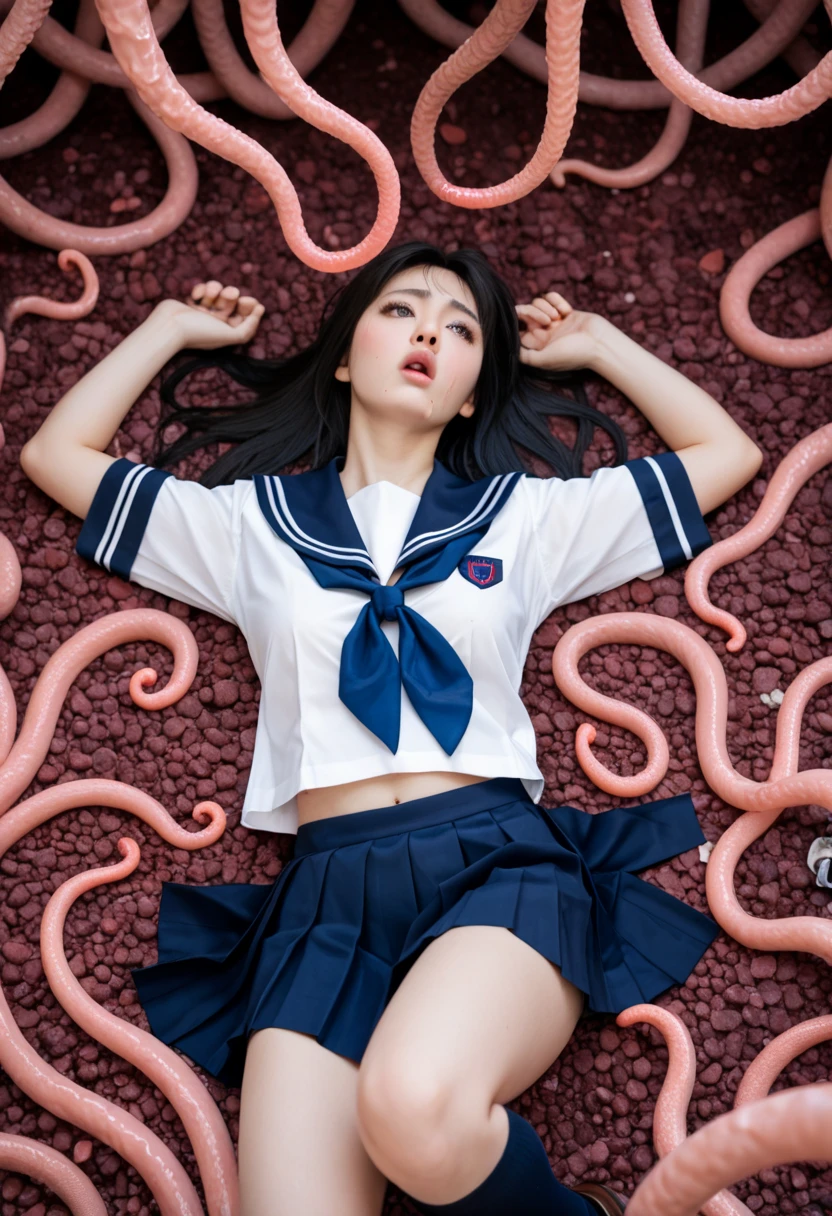 1girl, full body shot ,from head to toe, school uniform, With clothes on, school uniform, sailor suit, traditional Japanese style with navy blue and white colors, detailed ribbon and pleated skirt ,colored pencil(medium), sanpaku,jitome, madness, {{tentacles, tentacle sex}}, implied after sex, streaming tears, pale, [[[pale skin]]],{exhausted}, empty eyes, {{}}, lying, squirming, wet, {torn clothes}, sewage, duct, loose mouth, trail, rolling eyes, head back, mucus, restrained, {brink of death}, tentacle pit, saliva, {suggestive fluid}, tentacle sex, horror (theme),looking away,[[[[realistic]]]]], from above,nsfw