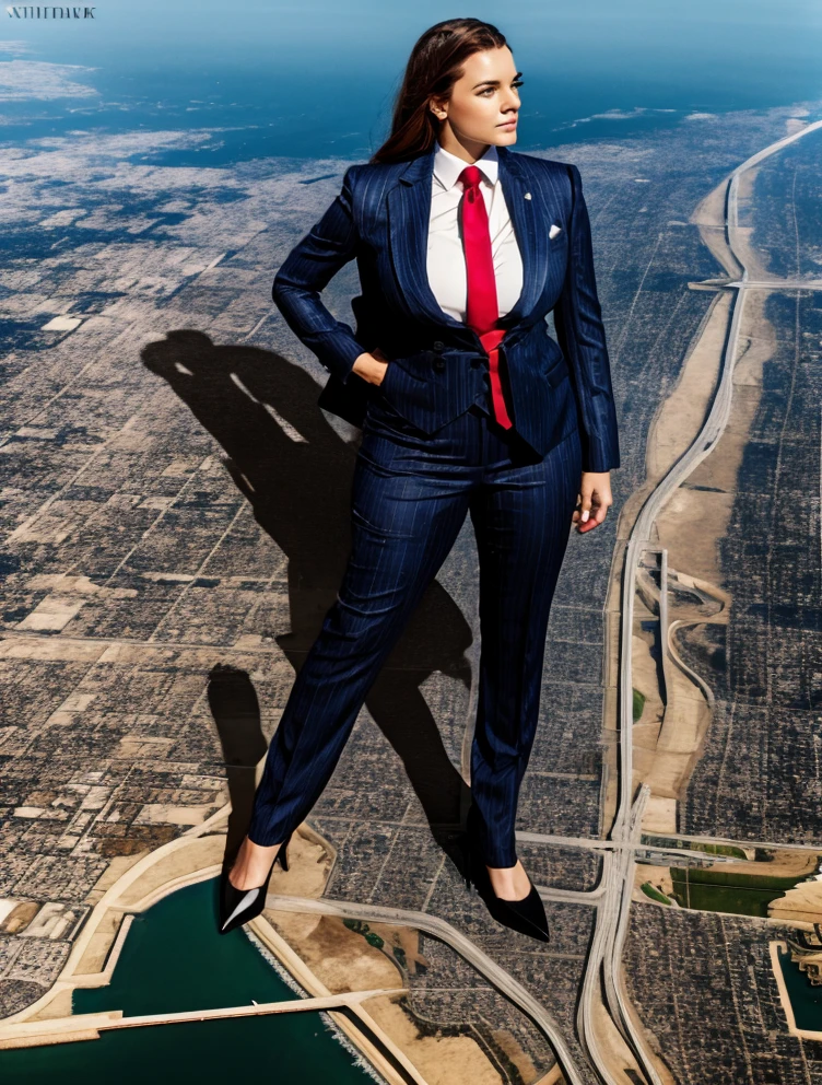 A sophisticated and stylish woman in a light navy blue pinstriped trouser suit, white shirt, and a large wide paisley necktie in a windsor knot, with a beautiful, curvaceous figure, massive breasts, and long ginger hair, with a curvaceous figure and massive breasts. wearing red rounded platform high heels with uncovered feet and standing, rampage-like pose, with a cityscape background of mega-city, urban sprawl, and small towns, partially obscured by a hazy, cloudy atmosphere. The image is a high-resolution, masterpiece-quality, cinematic, ultra-detailed, and hyper-photorealistic photograph, with perfect hands, face, and lighting. ultra-detailed, 8K, photo-realistic, hyper-realistic, masterpiece, intricate details, full body view. Looking at camera, The image is a high-resolution, masterpiece-quality, cinematic, ultra-detailed, and hyper-photorealistic photograph, with perfect hands, face, and lighting. ultra-detailed, 8K, photo-realistic, hyper-realistic, masterpiece, intricate details, full body view