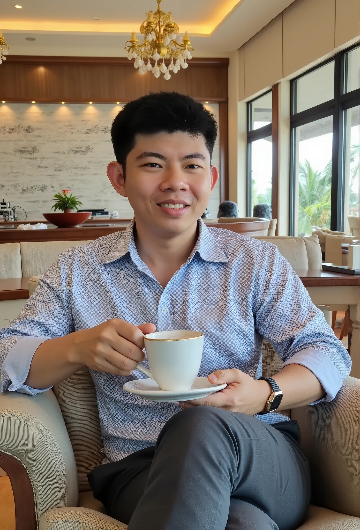 A young Thai man, 30 years old, is sitting down for coffee in a luxurious room with plenty of technological equipment. 