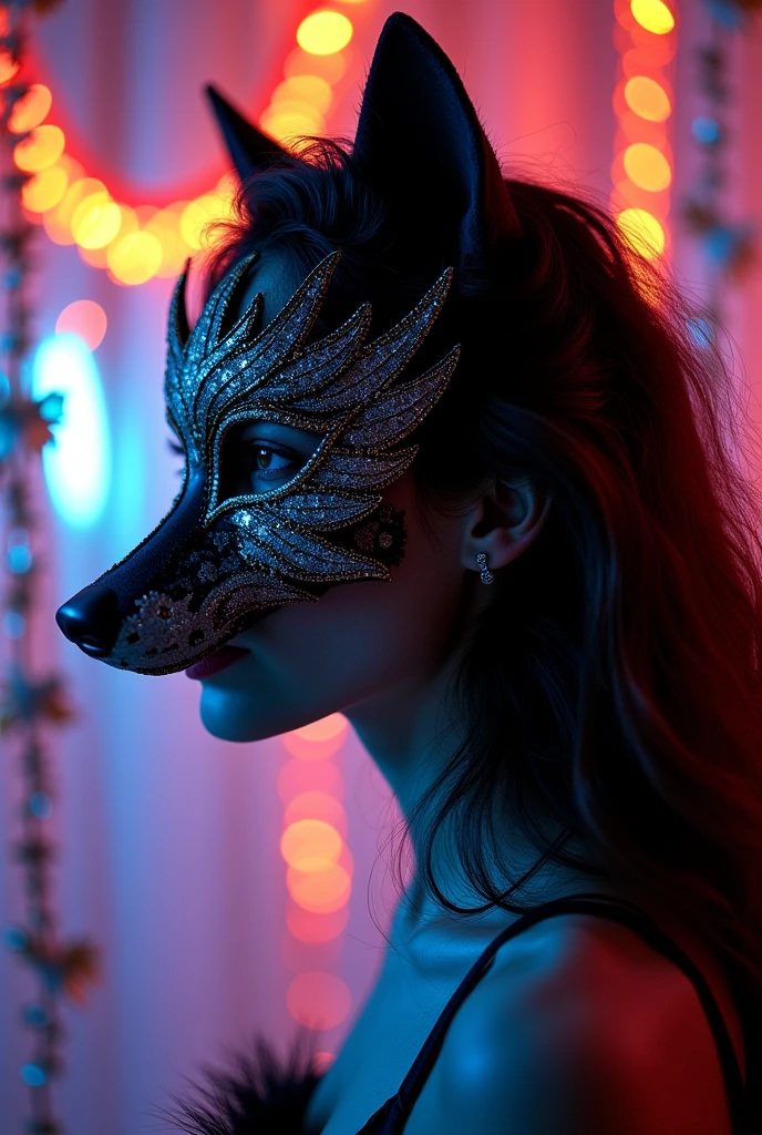 mesmerizing photo , neon fluorescence, , which shows a very beautiful girl wearing a masquerade mask, in the profile of a wolf , demonstrating its intricate details and the hidden beauty of the ,now ,,. Deep black, white and gold tones , colorful background garlands create a dreamy , otherworldly atmosphere, , immersing the viewer in the captivating world of the hidden colors of nature, bright,glitter