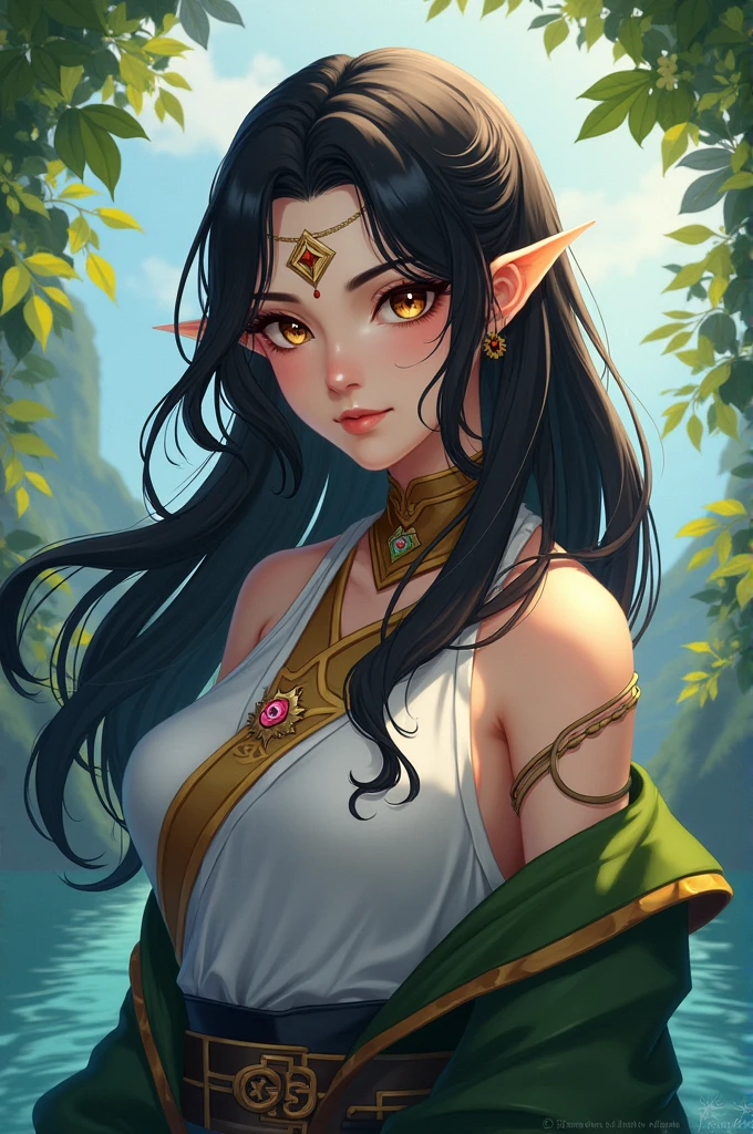 1 female elf, curly longhair,black hair, pointy ears,blue colored eyes, thin pink lips, Round face, huge breasts with cleavage, wearing short green archer outfit, wide hip,leaning against a tree looking directly at the viewer, romantic scene,details on the face