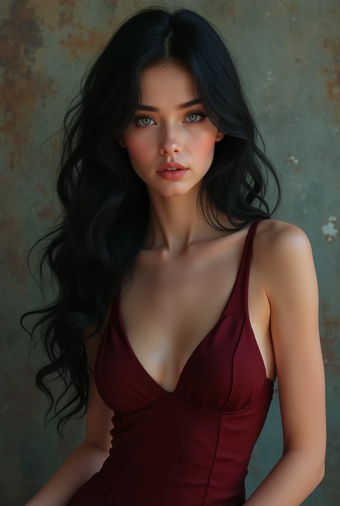 A girl with waist length black curly hair in a red v-neck long sleeveless dress with a slit