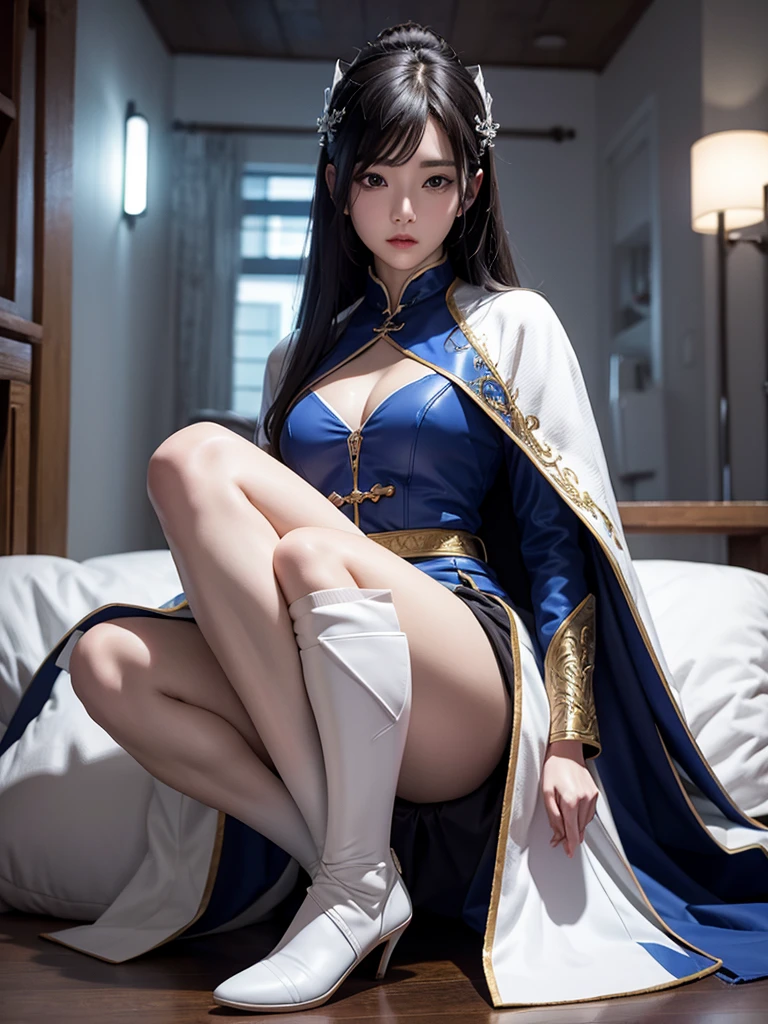 Lying on the floor in stockings,Long boots,face expressionless,long whitr hair,up front view,See panties,realisticlying,well-illuminated,Glamorous,Hot figure,huge tit,He wears a gorgeous ancient Chinese crown on his head,Spread your legs apart naturally,Front view,purple lace panties,Gorgeous sky blue dress,Long white high-heeled boots,