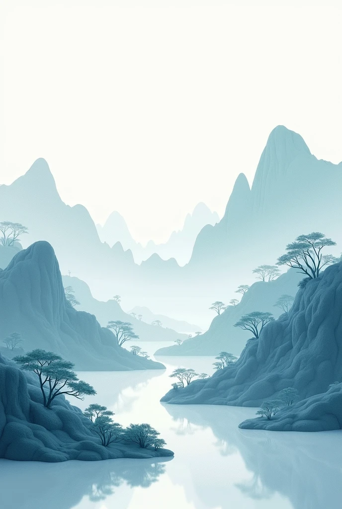 Traditional Chinese landscape painting, paper creation, 3D stereoscopic rendering, color gradient from white to light blue, 4K resolution, simple and natural composition, :white background, fresh and vulgar style. (:nature:)