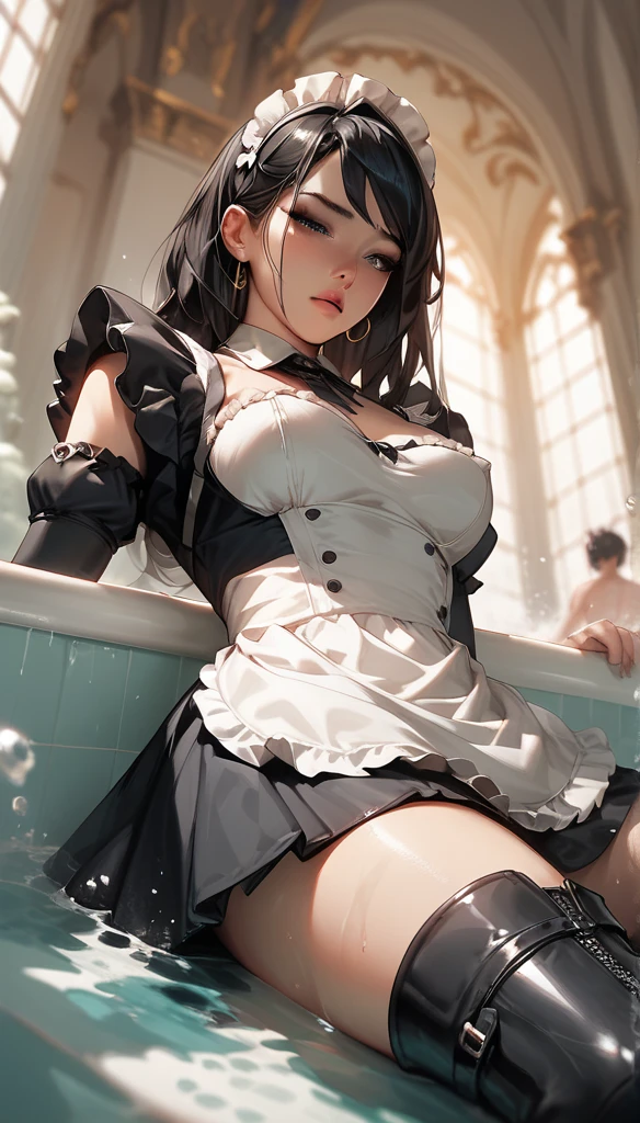 Anime Women,  maid outfit , Thigh boots drowning in the bath, elbow gloves, Alone, straddling on face, Push your head under the bath water, From below, looking down, Point of View Shot