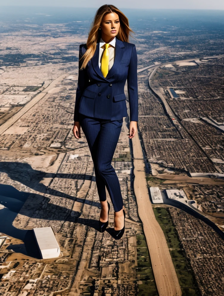 A sophisticated and stylish woman in a light navy blue pinstriped trouser suit, white shirt, and a large wide yellow paisley necktie in a windsor knot, with a beautiful, curvaceous figure, massive breasts, and long ginger hair, with a curvaceous figure and massive breasts. wearing red rounded platform high heels with uncovered feet and standing, rampage-like pose, with a cityscape background of mega-city, urban sprawl, and small towns, partially obscured by a hazy, cloudy atmosphere. The image is a high-resolution, masterpiece-quality, cinematic, ultra-detailed, and hyper-photorealistic photograph, with perfect hands, face, and lighting. ultra-detailed, 8K, photo-realistic, hyper-realistic, masterpiece, intricate details, full body view. Looking at camera, The image is a high-resolution, masterpiece-quality, cinematic, ultra-detailed, and hyper-photorealistic photograph, with perfect hands, face, and lighting. ultra-detailed, 8K, photo-realistic, hyper-realistic, masterpiece, intricate details, full body view