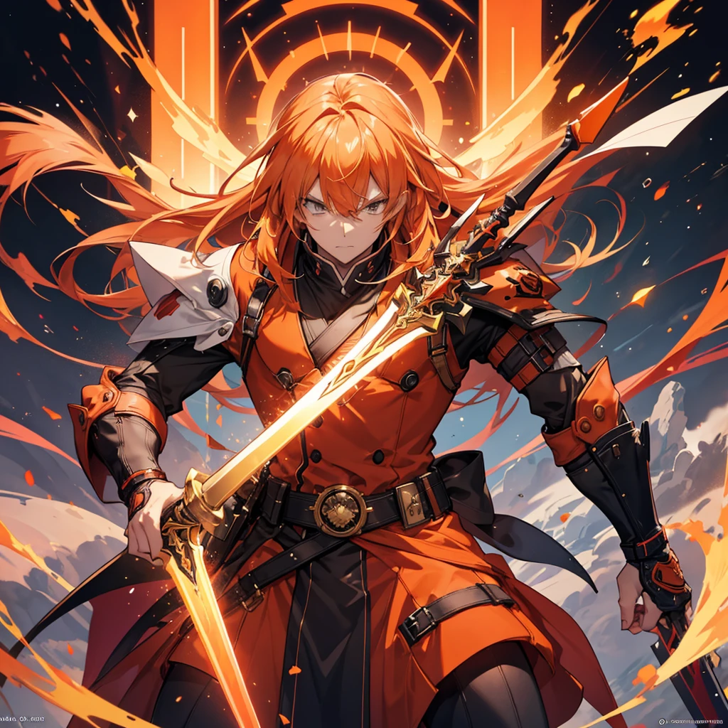 GUILTY GEAR, {{{{{Illustration of a person}}}}, {{{ orange battle coat}}}, Orange and black outfit ,  long brand hair,  straight hair , 32K image quality,  long bangs  ,  close your mouth and laugh , ４０Old man,  handsome, Narrow green eyes ,  Official Art、  best quality、  Unity 8K Wallpaper 、32K、masterpiece、 super detailed, Male nose, Male Eyes  , Male outline  , {{{ carrying a large red sword }}}, Fighting in the old battlefield ,  acrobatic poses,  intricate detailed background, 