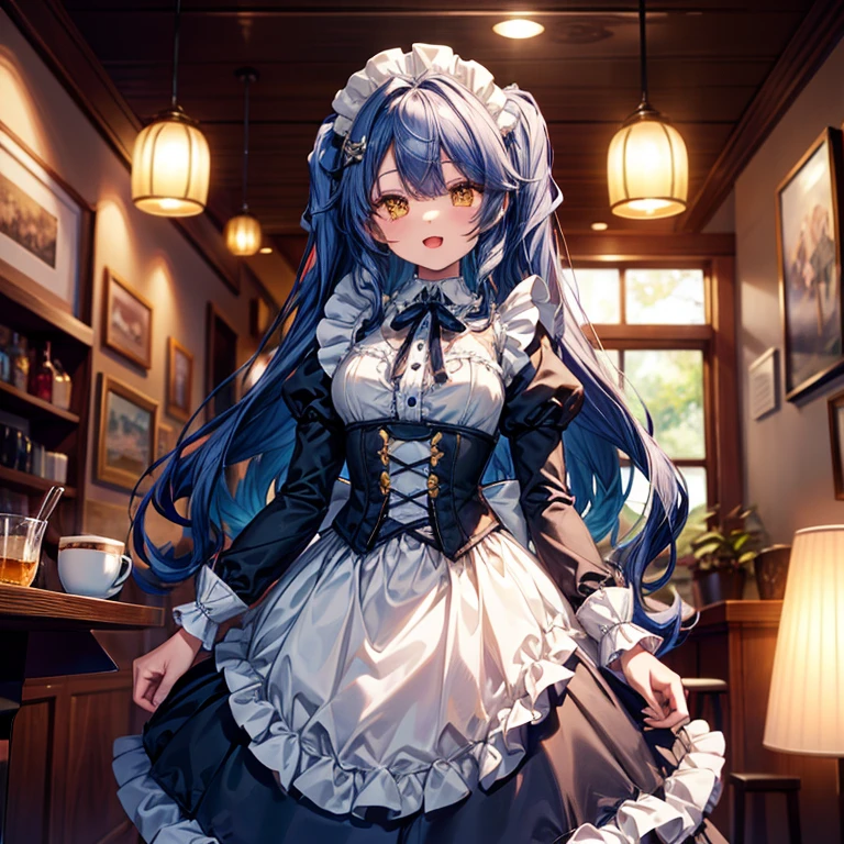 (( best quality)), ((masterpiece)), (  Details), ( ultra high resolution)、ccmya 、
 long hair、 Rose Tails 、Hair Bell、
 perfect face、超 Detailsな肌、(Perfect Fingers、Perfect hands)、 perfect body、
(( black victorian maid outfit、 Headdress))、
Open Mouth Smile、whole body、 standing、
( cowboy shot 1,3)、
 coffee shop、 professional lighting、８k、