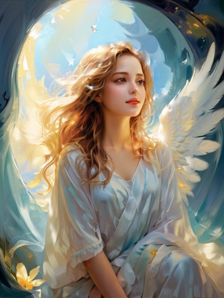 A beautiful landscape that seems out of this world、Angel is standing、Beautiful wings that shine、Different world