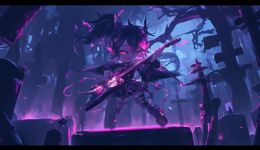 Devil girl playing guitar, Dark Graveyard ,whole body, colorful ,Chibi