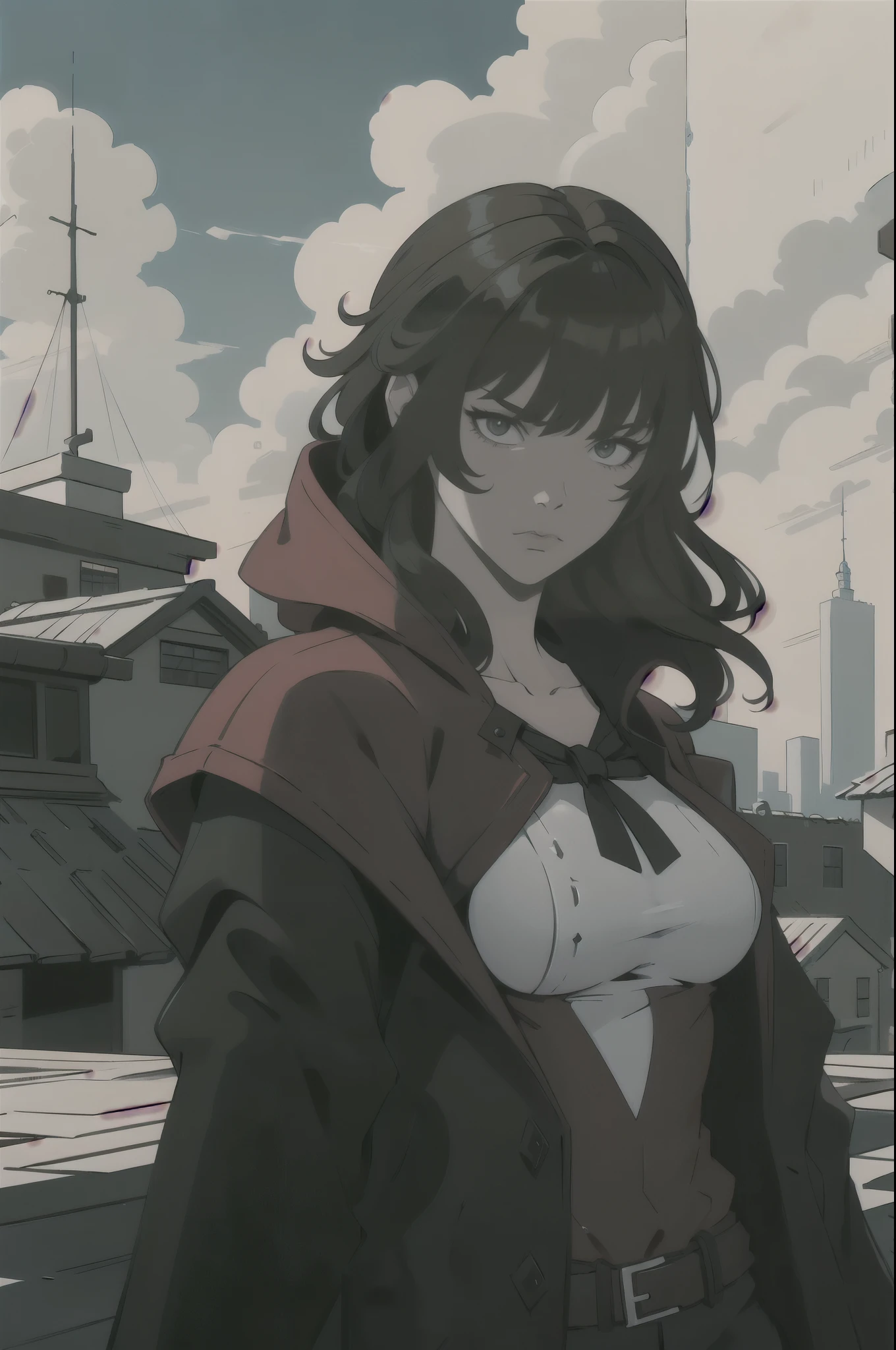 1 , alone, breasts, fringe, black hair , red hood, serious, white regatta, mini jacket, roof of a building with a City in the background.