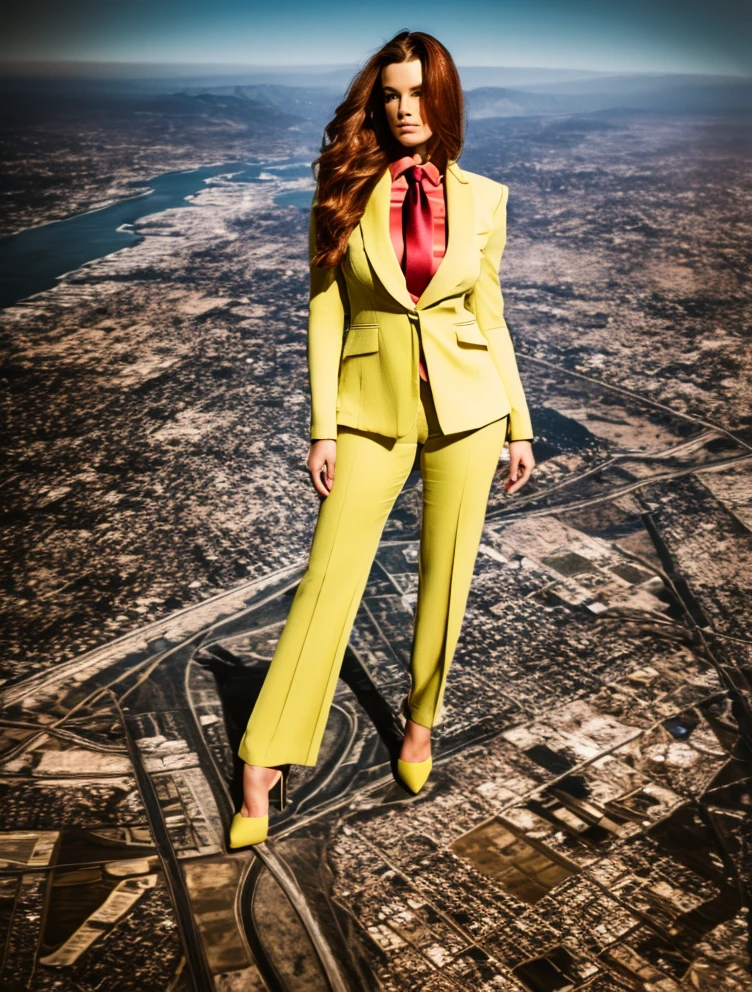 A sophisticated and stylish woman in a light yellow pinstriped trouser suit, white shirt, and a large wide yellow paisley necktie in a windsor knot, with a beautiful, curvaceous figure, massive breasts, and long ginger hair, with a curvaceous figure and massive breasts. wearing red rounded platform high heels with uncovered feet and standing, rampage-like pose, with a cityscape background of mega-city, urban sprawl, and small towns, partially obscured by a hazy, cloudy atmosphere. The image is a high-resolution, masterpiece-quality, cinematic, ultra-detailed, and hyper-photorealistic photograph, with perfect hands, face, and lighting. ultra-detailed, 8K, photo-realistic, hyper-realistic, masterpiece, intricate details, full body view. Looking at camera, The image is a high-resolution, masterpiece-quality, cinematic, ultra-detailed, and hyper-photorealistic photograph, with perfect hands, face, and lighting. ultra-detailed, 8K, photo-realistic, hyper-realistic, masterpiece, intricate details, full body view