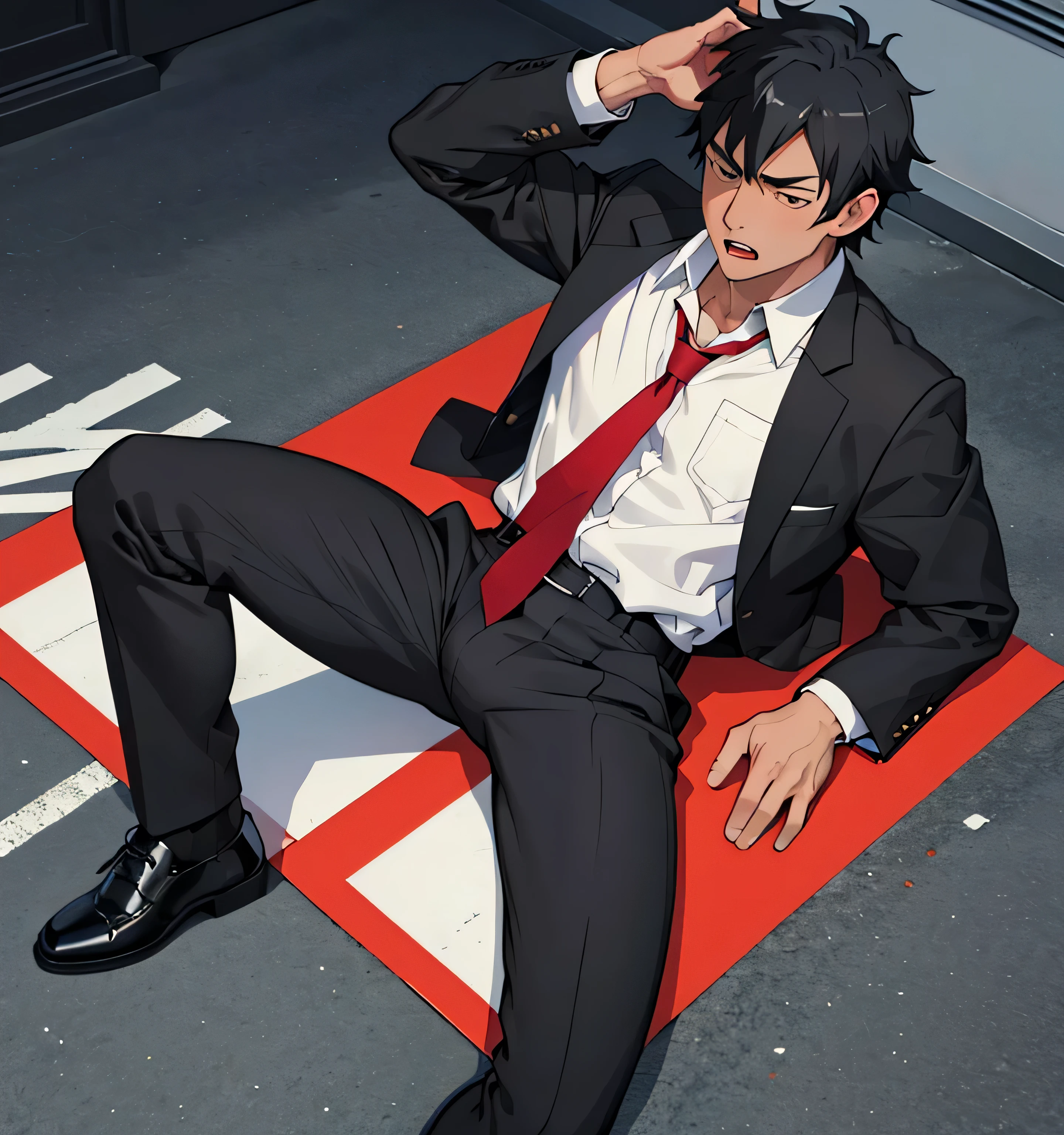 Age 25,, simple black suit、 white shirt、dark red tie ,  black slim pants 、 lying on the ground  ,Spread your legs wider,black belt,Black socks,Black leather shoes,logic, Gay , black hair, short hair on the side of the uniform, thick eyebrows, Lightly Set Your Hair with Wax , Hachiman Hachiman、Masculine,salaryman,Mob characters,Bad Actor , The crotch part of the pants is bulging, Erotic 3D Finish , 　Erect penis、View from above　Suffering face、Open your mouth wide and scream　 face up　dark red tie 