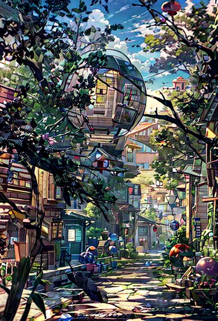 passageway, outdoor town building exterior, awning, abstract cartoon, (best quality, masterpiece:0.8), trees, sky, (distant castle:0.6),depth, lineart