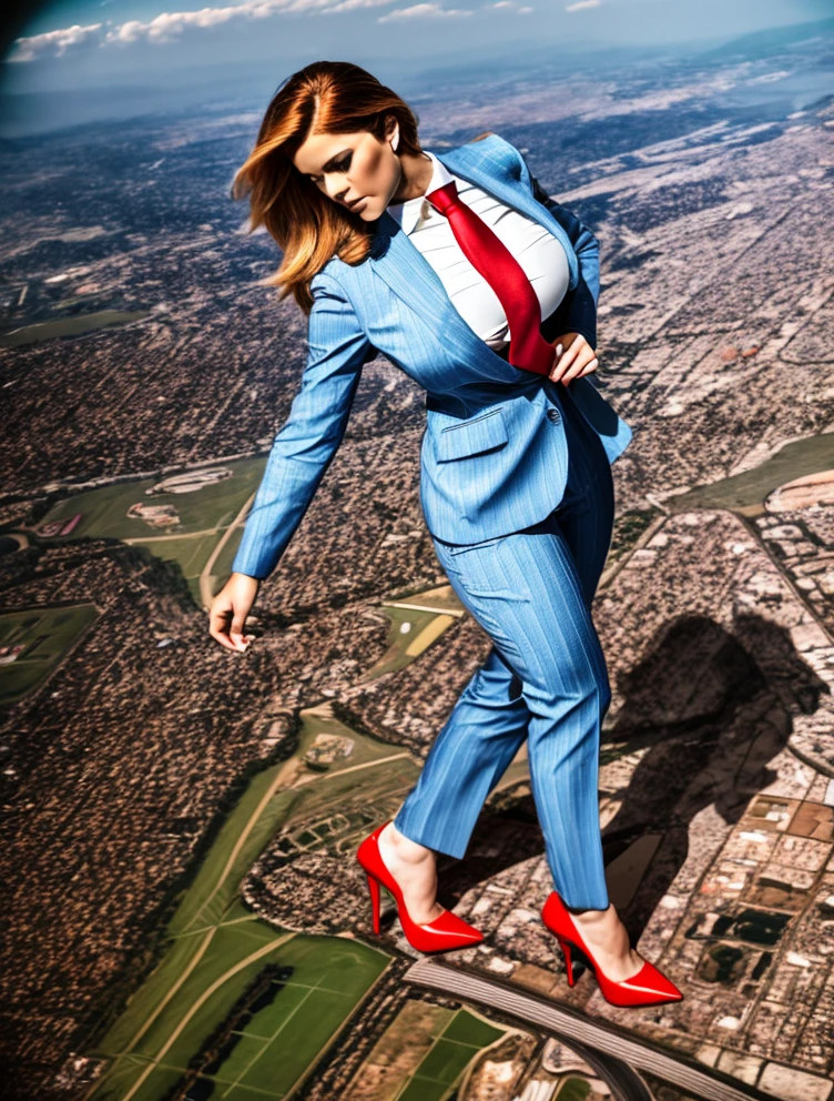 A sophisticated and stylish woman in a light blue pinstriped trouser suit, white shirt, and a large wide yellow paisley necktie in a windsor knot, with a beautiful, curvaceous figure, massive breasts, and long ginger hair, with a curvaceous figure and massive breasts. wearing red rounded platform high heels with uncovered feet and standing, rampage-like pose, with a cityscape background of mega-city, urban sprawl, and small towns, partially obscured by a hazy, cloudy atmosphere. The image is a high-resolution, masterpiece-quality, cinematic, ultra-detailed, and hyper-photorealistic photograph, with perfect hands, face, and lighting. ultra-detailed, 8K, photo-realistic, hyper-realistic, masterpiece, intricate details, full body view. Looking at camera, The image is a high-resolution, masterpiece-quality, cinematic, ultra-detailed, and hyper-photorealistic photograph, with perfect hands, face, and lighting. ultra-detailed, 8K, photo-realistic, hyper-realistic, masterpiece, intricate details, full body view