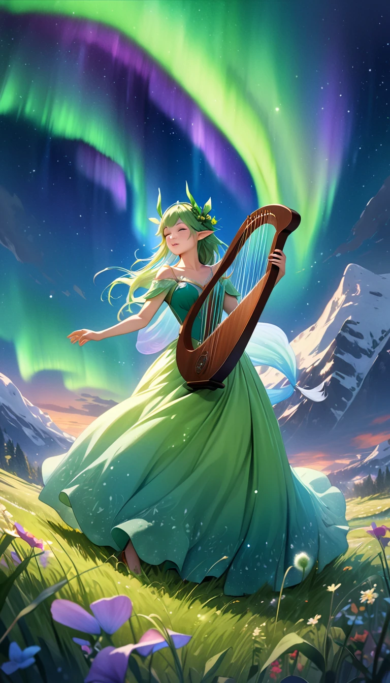 A watercolor painting of an elven bard performing a ballad to mystical creatures on an otherworldly grassland, Underneath an aurora-filled sky the elven bard strums a harp as a unicorn begins to drift into slumber and tiny fairies dance to the melody, The scene is captured from a portrait perspective emphasizing the beauty and enchantment of the setting, The colors are vibrant with the greens of the grassland contrasting with the ethereal lights of the aurora creating a magical and serene atmosphere, The trajectory of the fairy's flying past envelops the troubadour in a fantastic way, pov, UHD, anatomically correct, masterpiece, textured skin, super detail, award winning, 16k