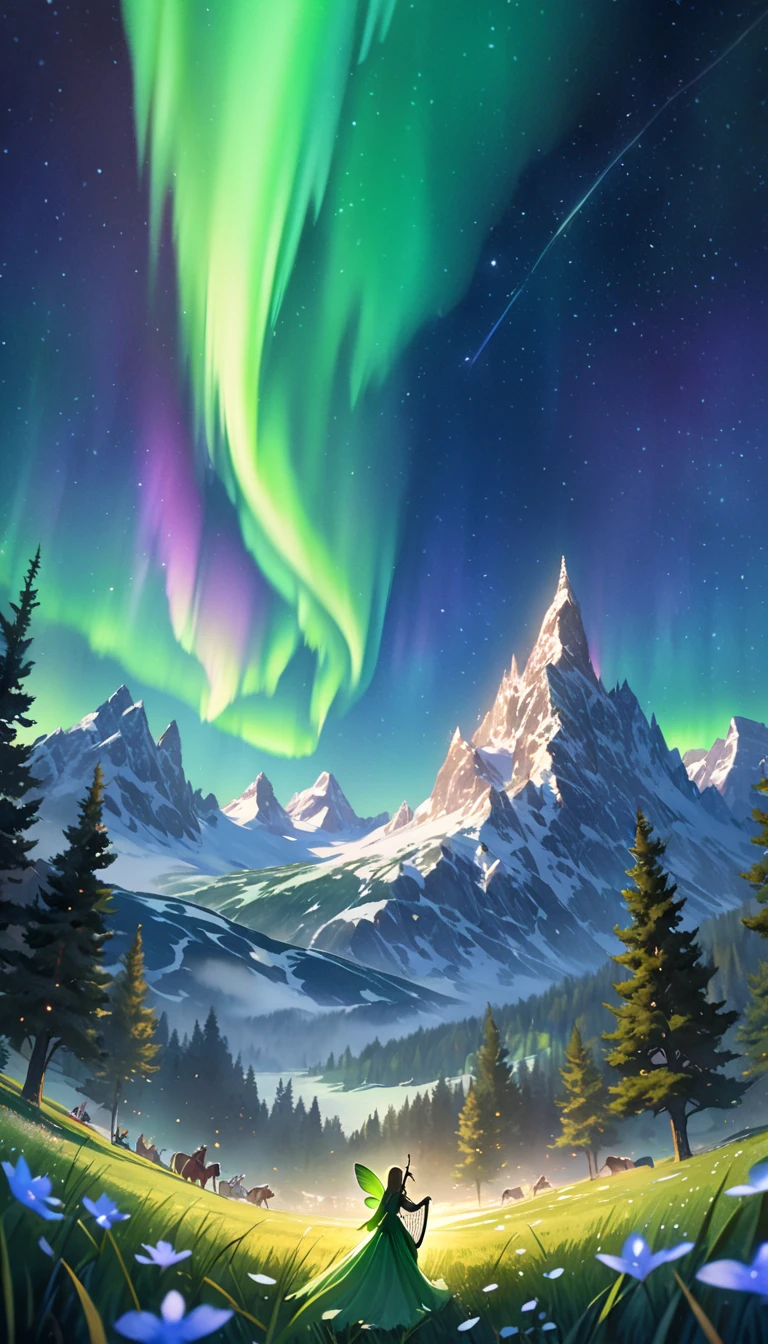 A watercolor painting of an elven bard performing a ballad to mystical creatures on an otherworldly grassland, Underneath an aurora-filled sky the elven bard strums a harp as a unicorn begins to drift into slumber and tiny fairies dance to the melody, The scene is captured from a portrait perspective emphasizing the beauty and enchantment of the setting, The colors are vibrant with the greens of the grassland contrasting with the ethereal lights of the aurora creating a magical and serene atmosphere, The trajectory of the fairy's flying past envelops the troubadour in a fantastic way, pov, UHD, anatomically correct, masterpiece, textured skin, super detail, award winning, 16k