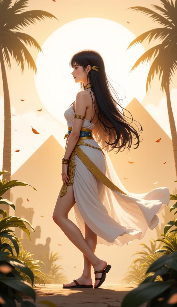 a young korean girl.
 black hair , far away, seeds, fluttering. 
 Dressed in Egyptian style.
 full body .
sandals.
sexy.
nefertiti.
In the background ancient Egypt .