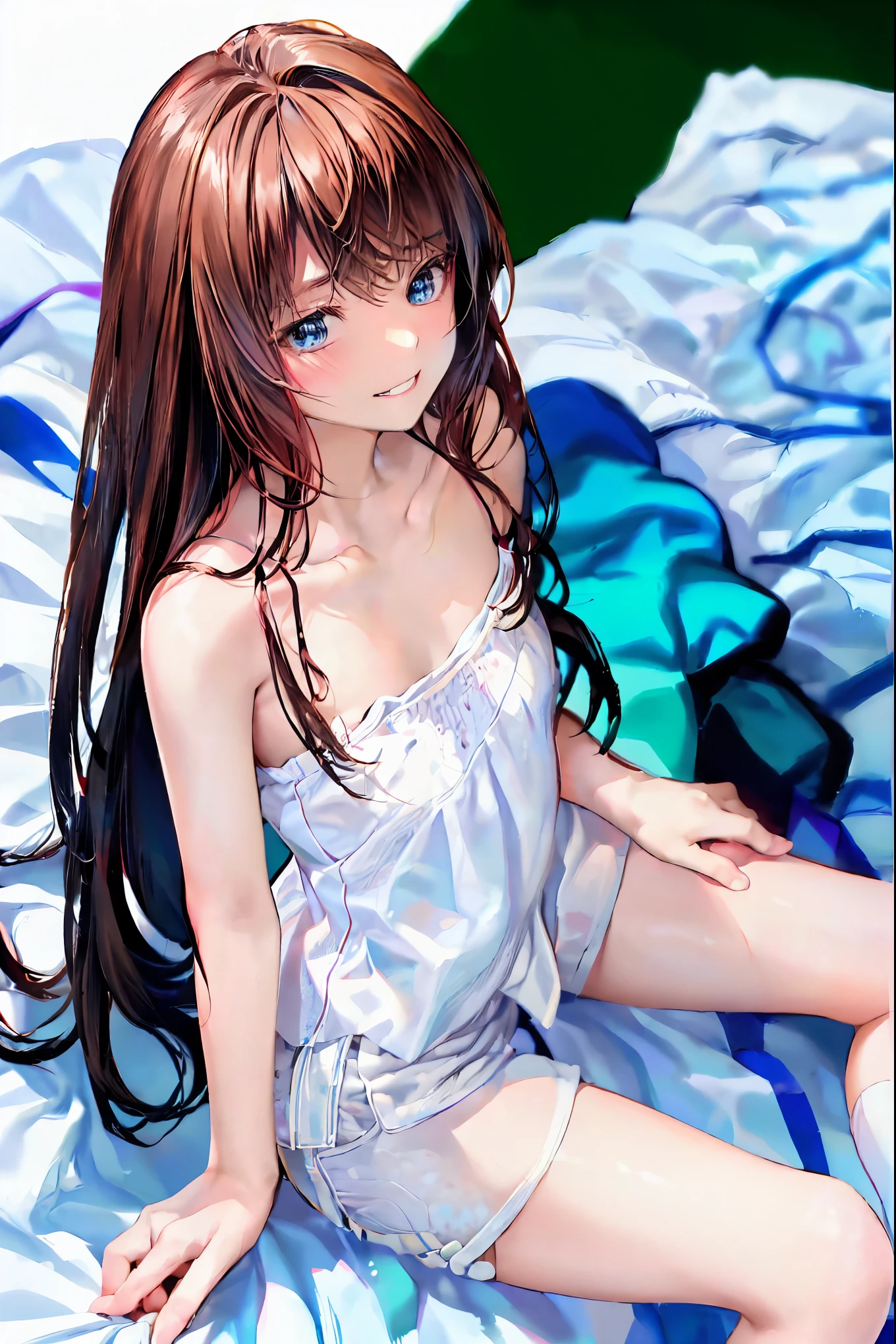absurd,(masterpiece、 best quality、8k ), intricate detail, Very detailed、1 cute girl、((movie:1.4)), embarrassed 、( flat chested、bulge:2.2( brown hair、( white camisole , white shorts、 White Knee High Socks :1.3), on the bed、Ultra-realistic,perfect anatomy,Brown Hair, shortcuts, unkempt hair,Short braided hair,Neat, slender beautiful,Correct posture,Small chest, beautiful legs, enchanting gray-blue eyes shine like stars,Droopy eyes, bright color , beautiful eyes,A delicate smile,Textured Skin, best quality best , gentle and beautiful woman , anime style、
