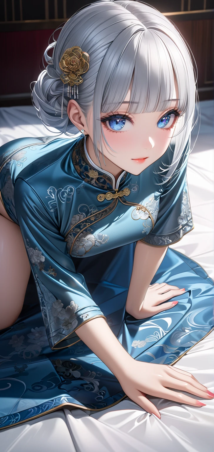 1girl、(((best quality)), ((masterpiece)), (details), masterpiece, best quality, high quality, ulutra detailed, perfect face, ((1girl, blue eyes, cat ears: 1.3 silver bob hair: 2.5,)) and ((Big white wolf:2.1)) 、Shiny Hair、Glowing Skin、blush、Lustful look、Small breasts,Sidetiletto heels、China dress、Alluring expression,Chinese gorgeous outdoor background、
