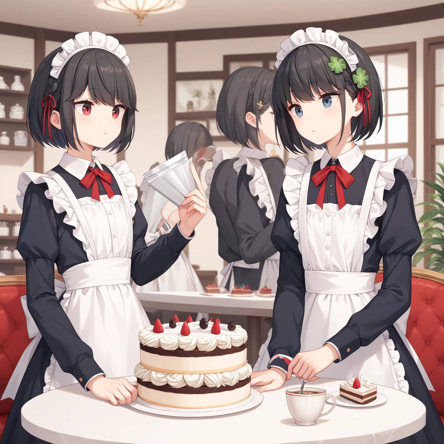  (8k), (  very detailed), (   best illustration   ), Cafe。   two girls。 maid outfit 。. flat chested。 short hair on the side of the uniform。  big red ribbon barrette。Four leaf clover in hair 。adult。 black hair。Shima Rin,Bring me a cake 。Four leaf clover in hair。 short hair on the side of the uniform。