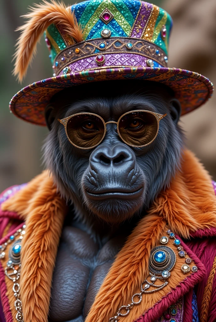 ((masterpiece)) ((photography)) ((Highest quality))  A stylish gorilla wearing a flamboyant, colorful hat adorned with intricate patterns and embellishments, featuring round, tinted sunglasses. The gorilla is draped in a luxurious, vibrant fur coat with dazzling textures and designs. The background is softly blurred to emphasize the gorilla's charismatic expression and fashionable attire, highlighting its unique style and personality in a whimsical yet sophisticated manner.