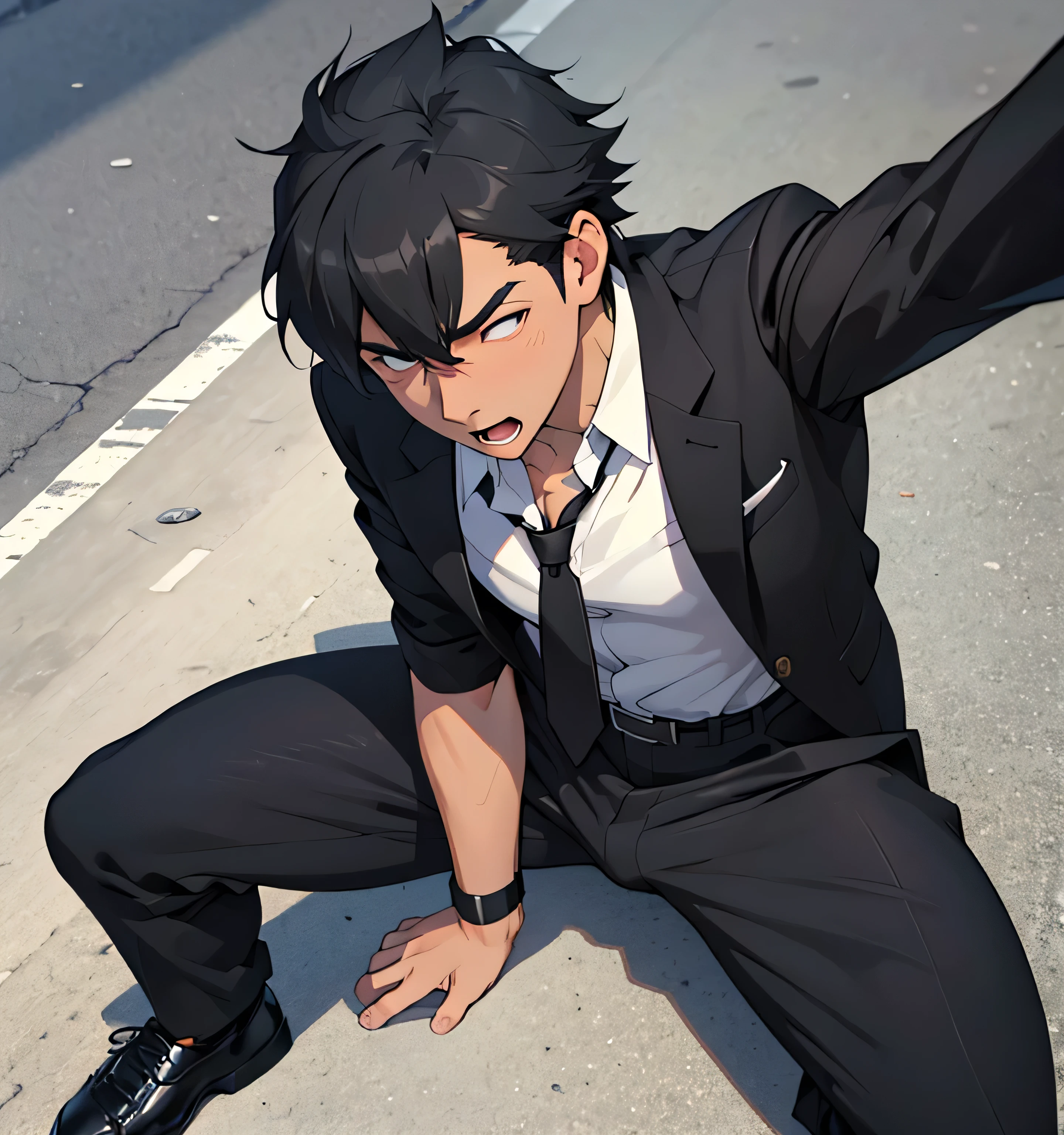 Age 25,, simple black suit、 white shirt、dark red tie ,  black slim pants 、 lying on the ground  ,Spread your legs wider,black belt,Black socks,Black leather shoes,logic, Gay , black hair, short hair on the side of the uniform, thick eyebrows, Lightly Set Your Hair with Wax , Hachiman Hachiman、Masculine,salaryman,Mob characters,Bad Actor , The crotch part of the pants is bulging, Erotic 3D Finish , 　Erect penis、View from above　Suffering face、Open your mouth wide and scream　 face up