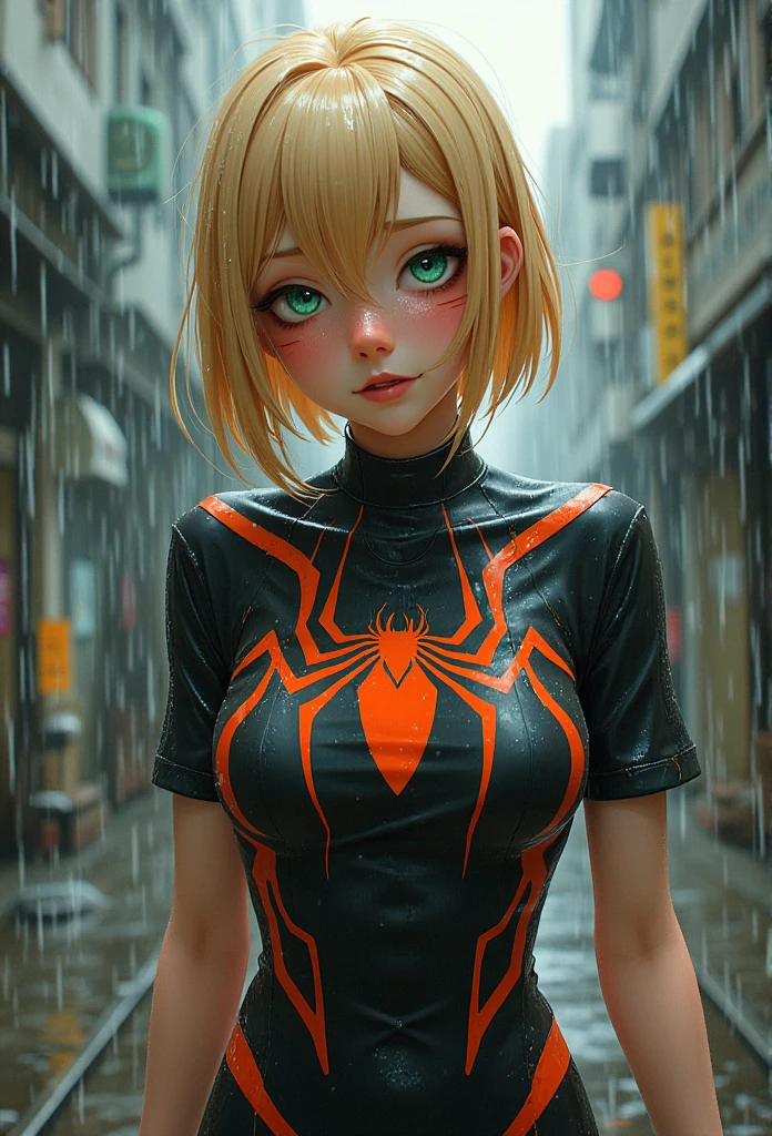 oily rainy atmosphere animation style 2.5D manga niji6 strong traits oil ink art super details on art blonde  +  spider girl in a tight tight black orange fire t-shirt with green eyes with black tomoi in reality style photo realism maximum quality details super graphic perfection of the latest generation