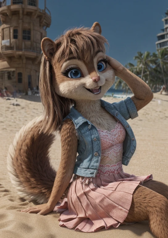 Brittany _Miller, One,chipmunk , small ,  denim jacket pink ,  striped pink tank top , short pink skirt,sits building a sand tower,  having fun on the beach , builds a sand castle, playing in the sand ,eyebrow and eye gestures  , body and hand gestures  ,  high detail ,   anatomically accurate  ,  super detail, 8 k,   better quality ,   should be visible all over your body  (a little plump:0.3),  darling , (small ears), (short muzzle),   squirrel feet   ,    long slanting bangs  ,   the long hair at the back of the head ,   blue-gray eyes , realistic look,    expressive eyes   , , perfect lashes  ,   eyeliner  , detailed fur,   perfect teeth  . actions: dresses up , flirts, in a pink lace tank top, pink skirt, ,erotica, in a human house   