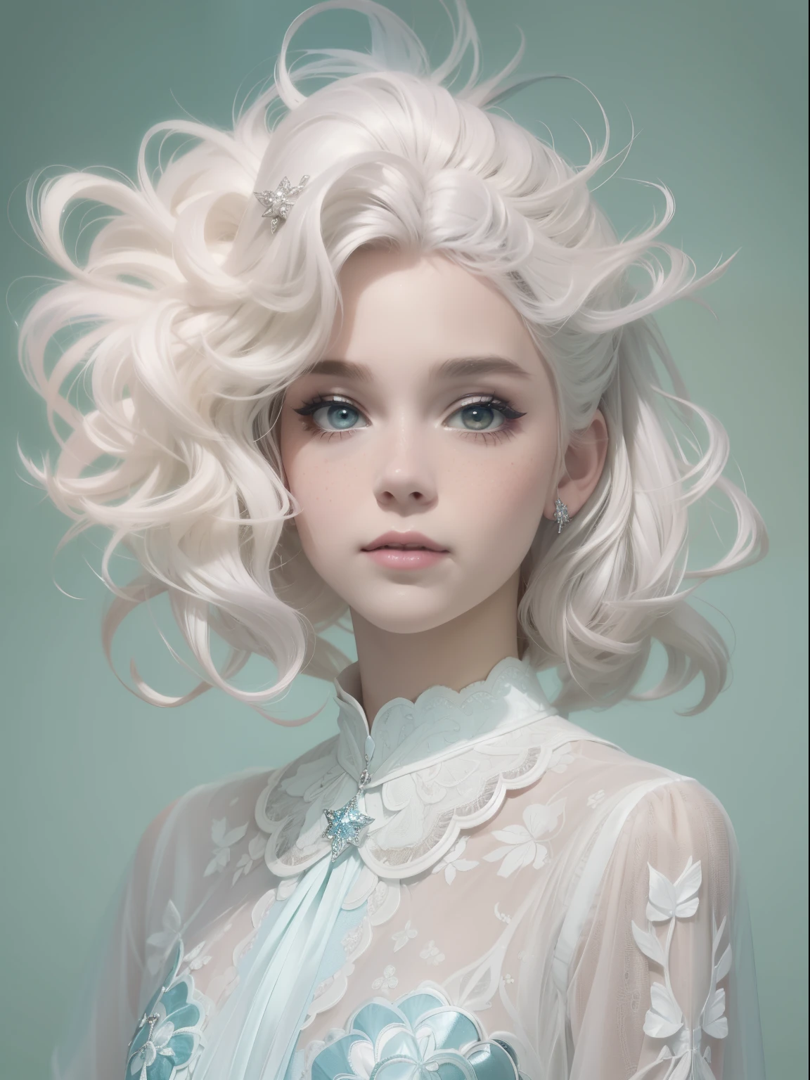 beautiful a girl(Solo)、Photo、Fantastical、(Loretta Luxe:1.3)、PastelColors:0.6、hitornfreckles、surrealism:1.4、highcontrast、ultra-detailliert、8K、Surreal hairstyle(white gold)、Poses、