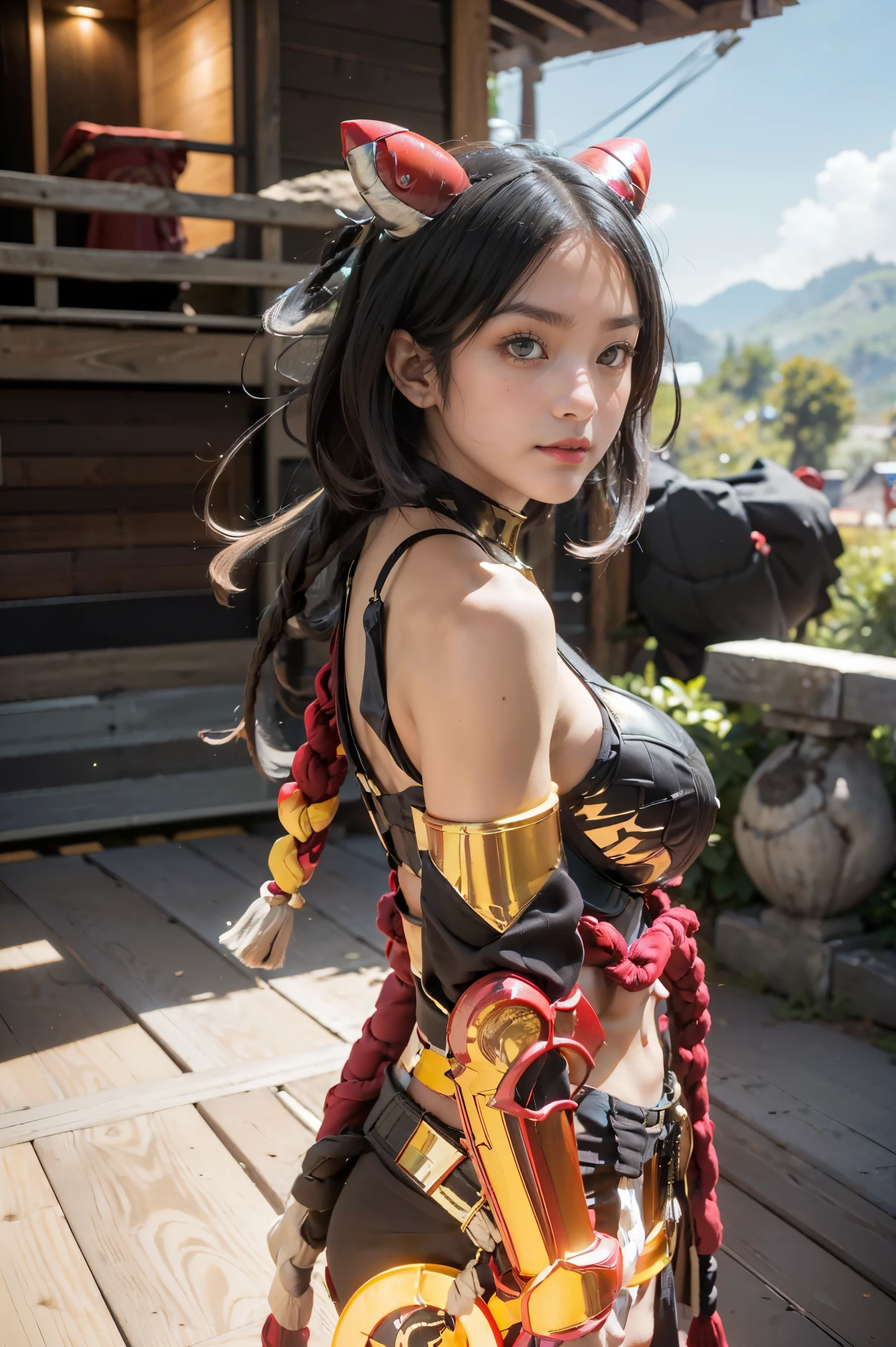 ((Unreal Engine 5)), Realistic Rendering, Excellent, (Full samurai armor), (breastplate armor), (Cloak), (samurai helm), looking on camera, standing on studio, beautiful face, makeup, CGImix, (photorealism:1.2), ultrarealistic uhd face, (huge fake :1.4), (gigantic breasts:1.1), (muscle abs), (big butt), (wide hips), (thick thighs), slim waist, hourglass figure, half body, ((glowing skin)), ((shiny skin)), Realistic body, ((she is sexy body)), ((clean skin)), photorealistic, bokeh, motion blur, masterpiece, highres, 1080P, super detail, textured skin. (yellow tracksuit with sexy bra)