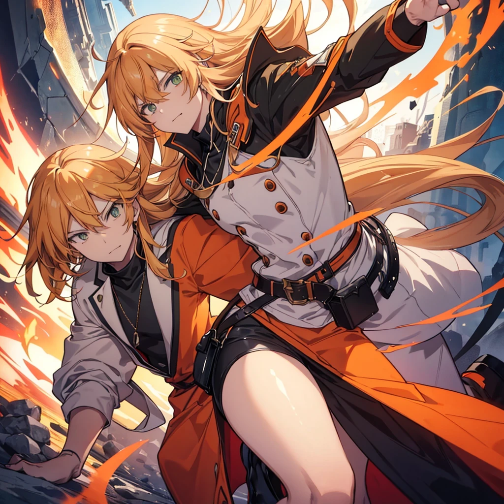 GUILTY GEAR, {{{{{Illustration of a person}}}}, {{{ orange battle coat}}}, Orange and black outfit ,  long brand hair,  straight hair , 36k image quality ,  long bangs  ,  close your mouth and laugh , ４０Old man,  handsome, Narrow green eyes ,  Official Art、  best quality、  Unity 8K Wallpaper 、32K、masterpiece、 super detailed, Male nose, Male Eyes  , Male outline  , {{{ carrying a large red sword }}}, Fighting in the old battlefield ,  acrobatic poses,