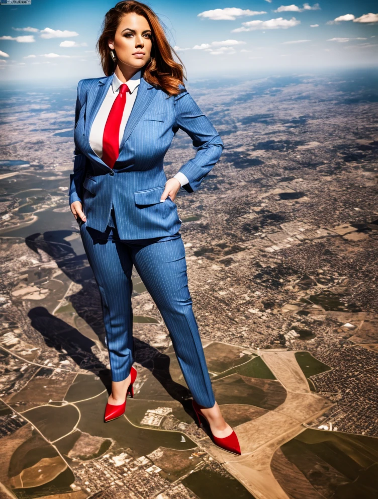 A sophisticated and stylish woman in a light blue pinstriped trouser suit, white shirt, and a large wide yellow paisley necktie in a windsor knot, with a beautiful, curvaceous figure, massive breasts, and long ginger hair, with a curvaceous figure and massive breasts. wearing red rounded platform high heels with uncovered feet and standing, rampage-like pose, with a cityscape background of mega-city, urban sprawl, and small towns, partially obscured by a hazy, cloudy atmosphere. The image is a high-resolution, masterpiece-quality, cinematic, ultra-detailed, and hyper-photorealistic photograph, with perfect hands, face, and lighting. ultra-detailed, 8K, photo-realistic, hyper-realistic, masterpiece, intricate details, full body view. Looking at camera, The image is a high-resolution, masterpiece-quality, cinematic, ultra-detailed, and hyper-photorealistic photograph, with perfect hands, face, and lighting. ultra-detailed, 8K, photo-realistic, hyper-realistic, masterpiece, intricate details, full body view