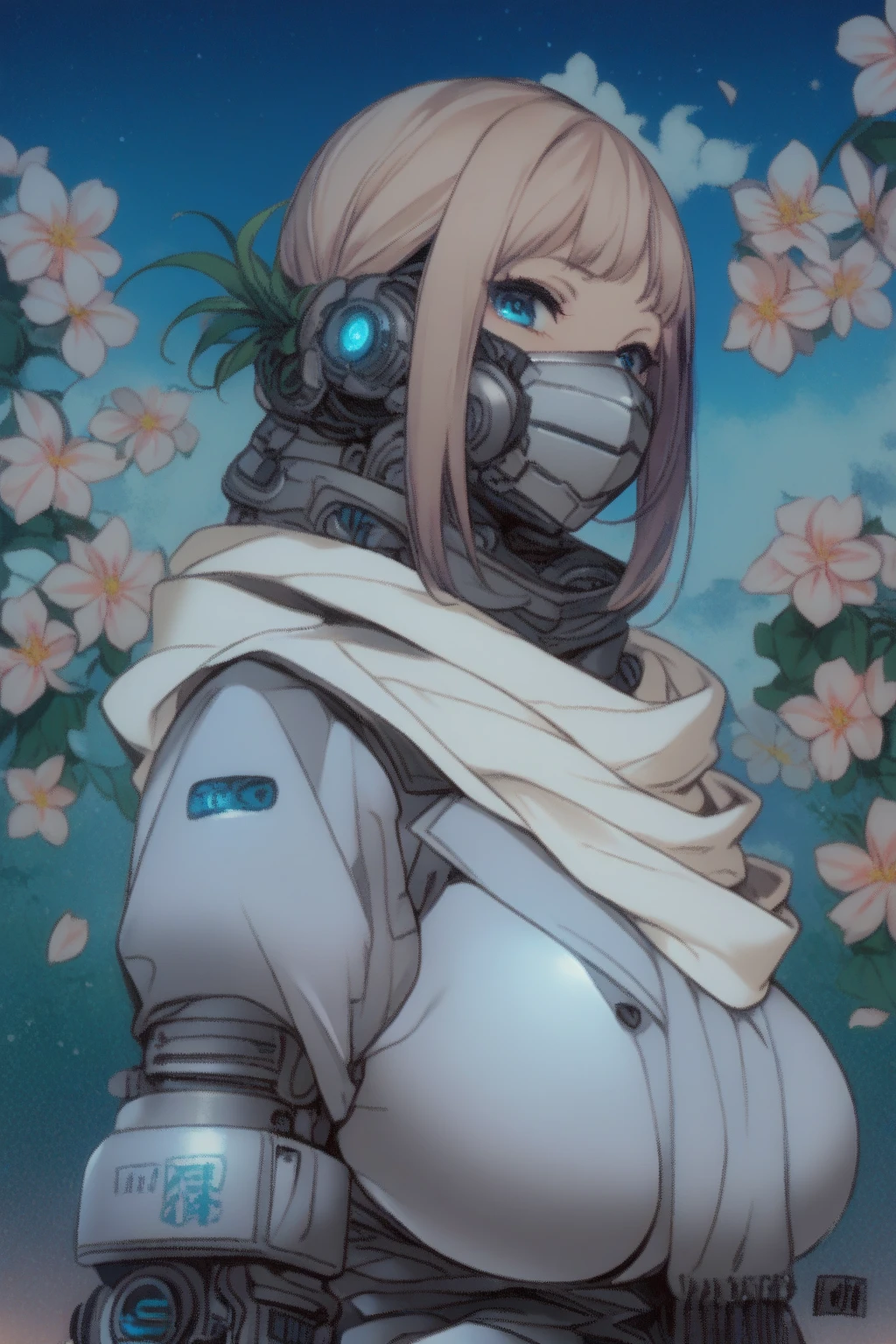 masterpiece, best quality, (solo:1.1), 1girl ,in blue and black style , (mechanical armor with scarf:1.1), in night floating flower background, huge breast, windy open_blazer,haruhizaka, kitakoumae, scenery,mouth mask,robot,